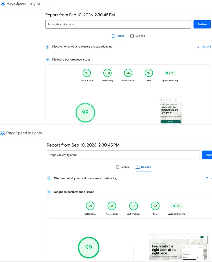 PageSpeed Insights mobile and desktop evidence for HiLernity.com dated September 10, 2026.