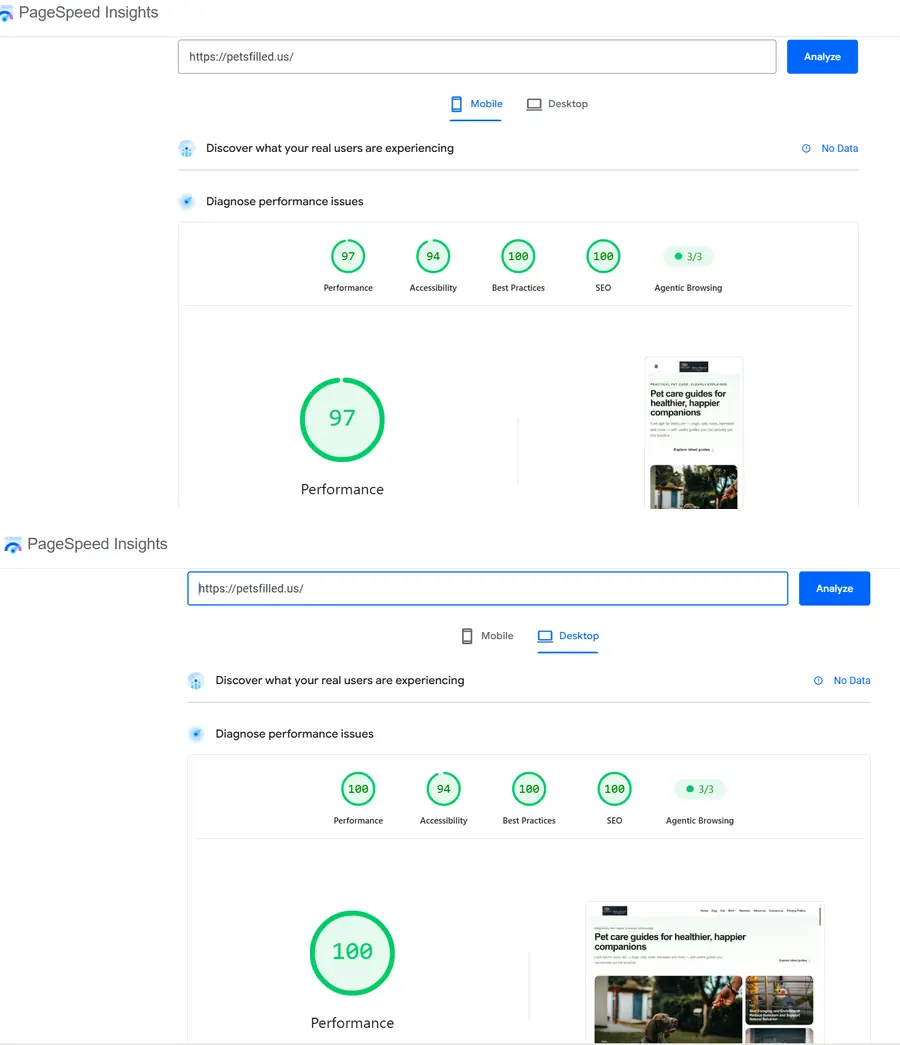 PageSpeed Insights mobile and desktop evidence for PetsFilled.us dated September 10, 2026.