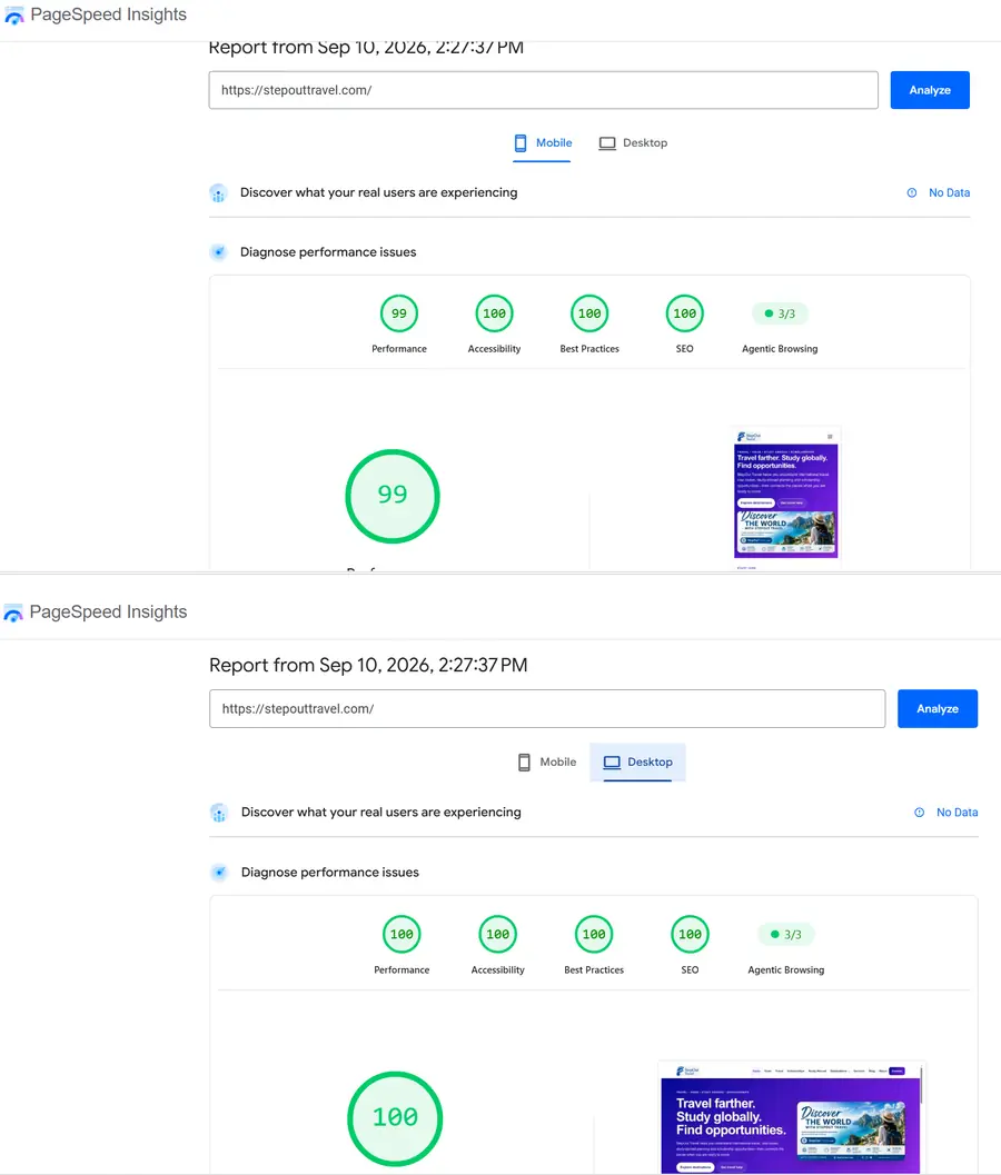 PageSpeed Insights mobile and desktop evidence for StepOutTravel.com dated September 10, 2026.
