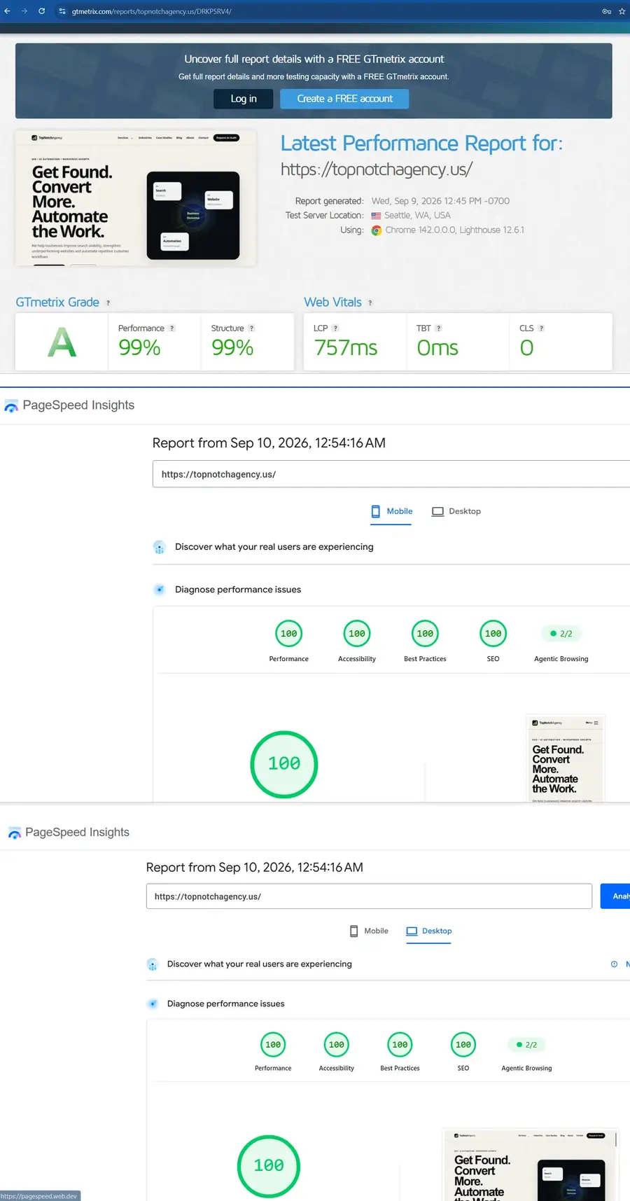 GTmetrix and PageSpeed Insights evidence for TopNotchAgency.us dated September 9 and 10, 2026.