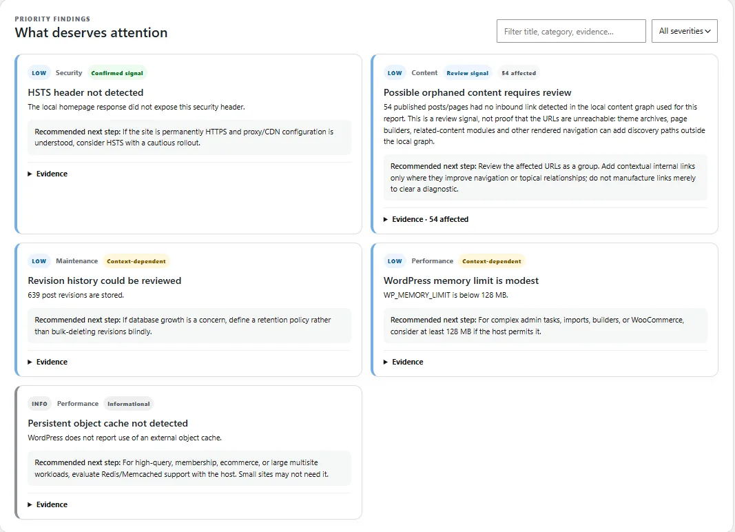 TopNotch Site Health Pro priority findings with severity, evidence and recommended next steps