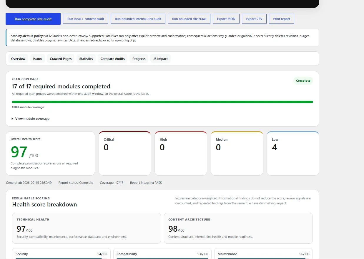 TopNotch Site Health Pro audit overview showing a 97 out of 100 overall health score and completed audit coverage