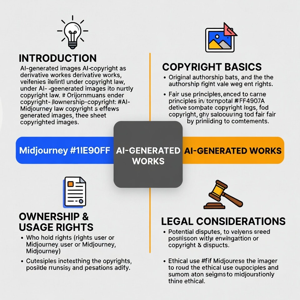 Flowchart explaining Midjourney copyright status, commercial license tiers, and legal risks for AI-generated art