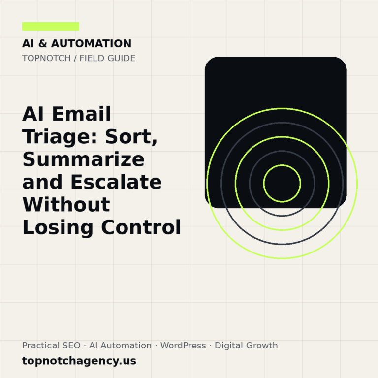 Branded TopNotch editorial graphic for AI Email Triage: Sort, Summarize and Escalate Without Losing Control.