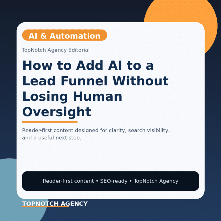 Branded TopNotch editorial graphic for How to Add AI to a Lead Funnel Without Losing Human Oversight.