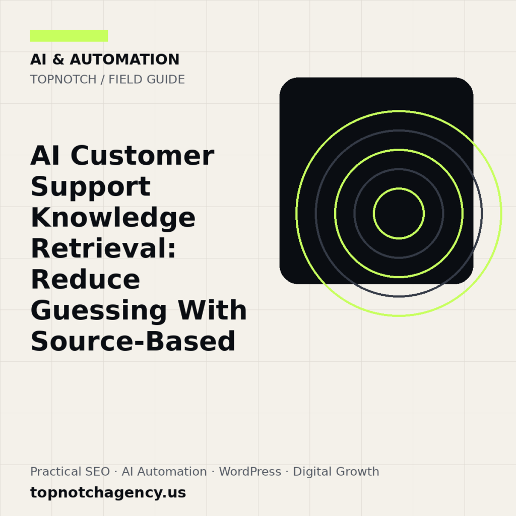 Branded TopNotch editorial graphic for AI Customer Support Knowledge Retrieval: Reduce Guessing With Source-Based Answers.