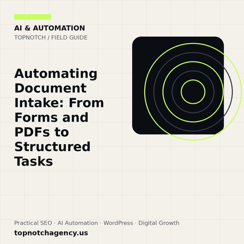 Branded TopNotch editorial graphic for Automating Document Intake: From Forms and PDFs to Structured Tasks.