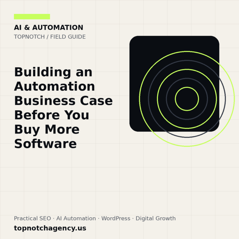 Branded TopNotch editorial graphic for Building an Automation Business Case Before You Buy More Software.