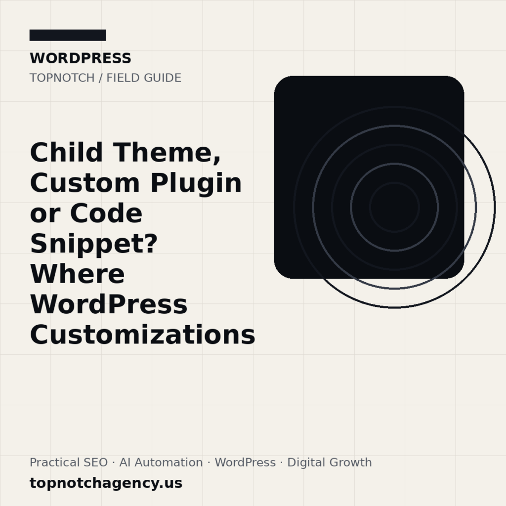 Branded TopNotch editorial graphic for Child Theme, Custom Plugin or Code Snippet? Where WordPress Customizations Belong.