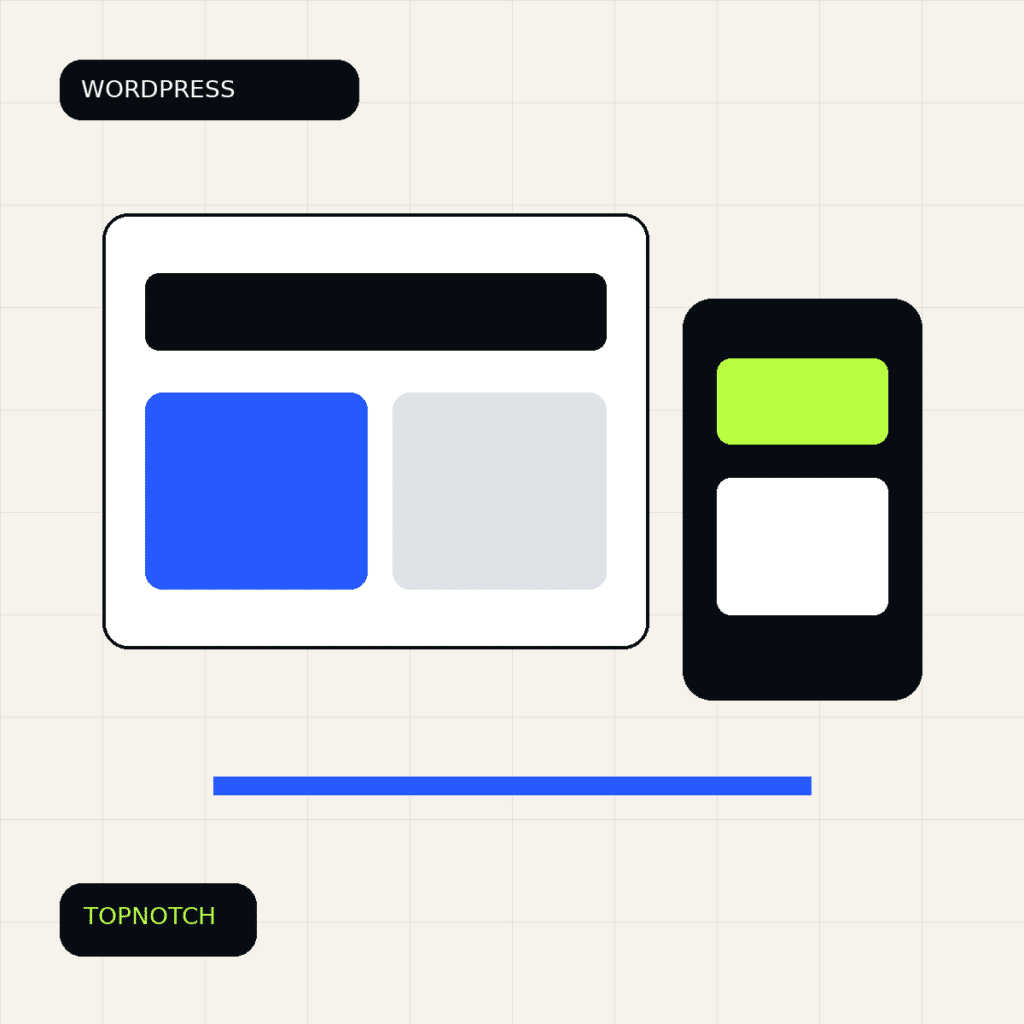 Abstract WordPress theme graphic with responsive layouts, grid system and mobile-first interface panels.