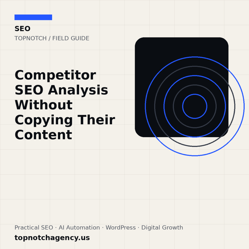 Branded TopNotch editorial graphic for Competitor SEO Analysis Without Copying Their Content.