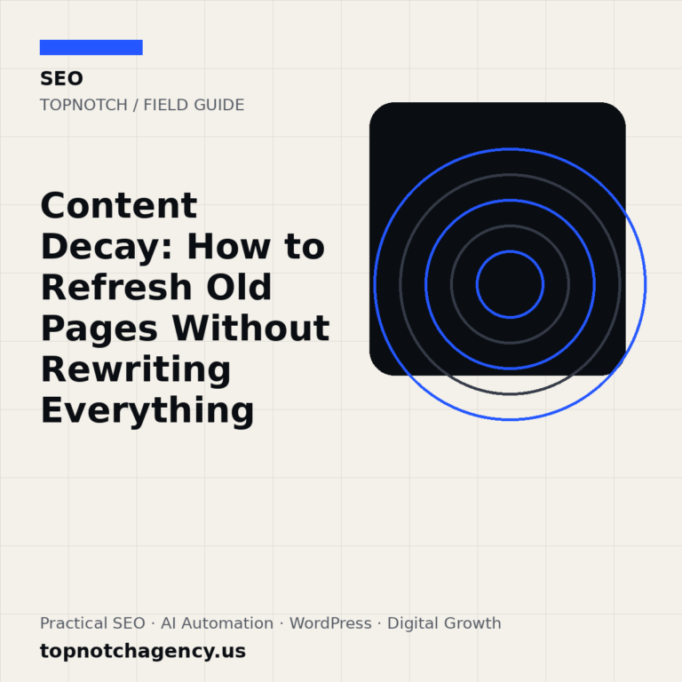Branded TopNotch editorial graphic for Content Decay: How to Refresh Old Pages Without Rewriting Everything.