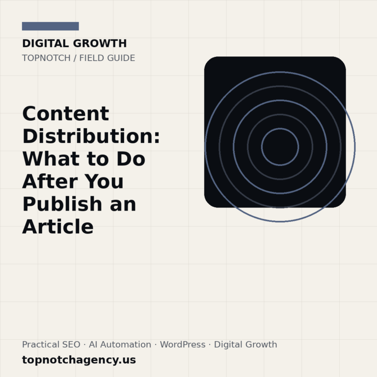 Branded TopNotch editorial graphic for Content Distribution: What to Do After You Publish an Article.