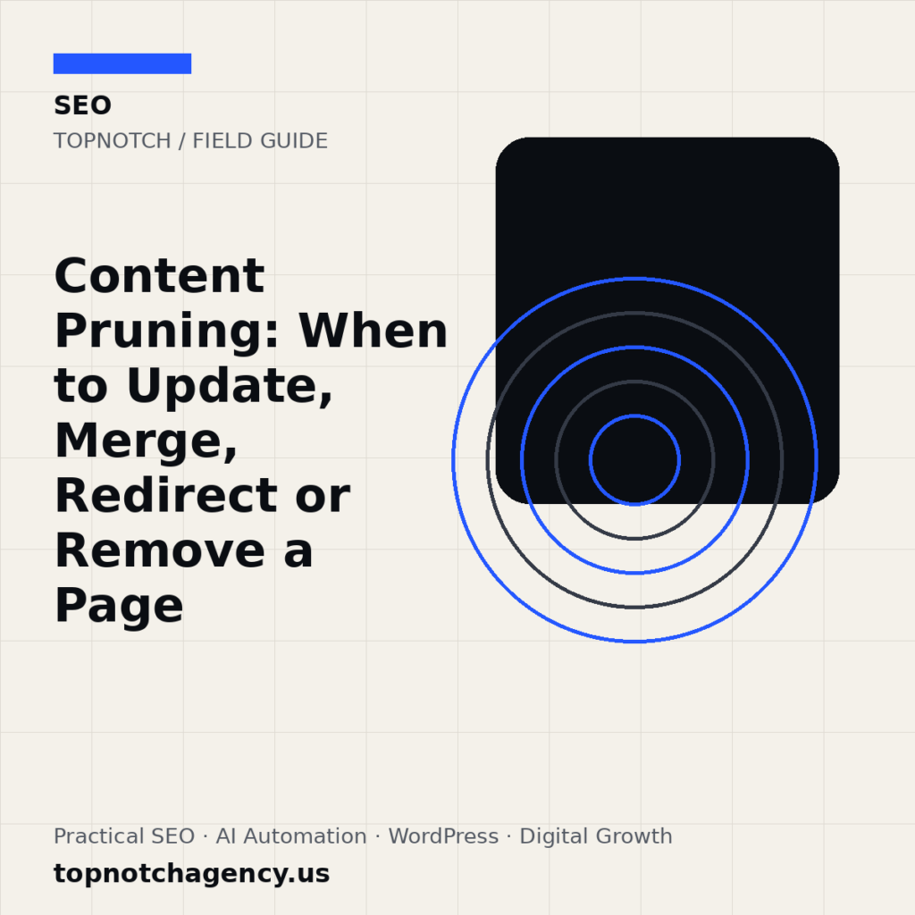 Branded TopNotch editorial graphic for Content Pruning: When to Update, Merge, Redirect or Remove a Page.