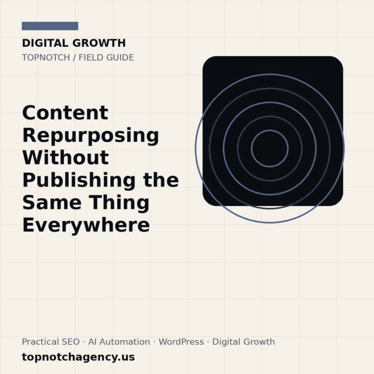 Branded TopNotch editorial graphic for Content Repurposing Without Publishing the Same Thing Everywhere.