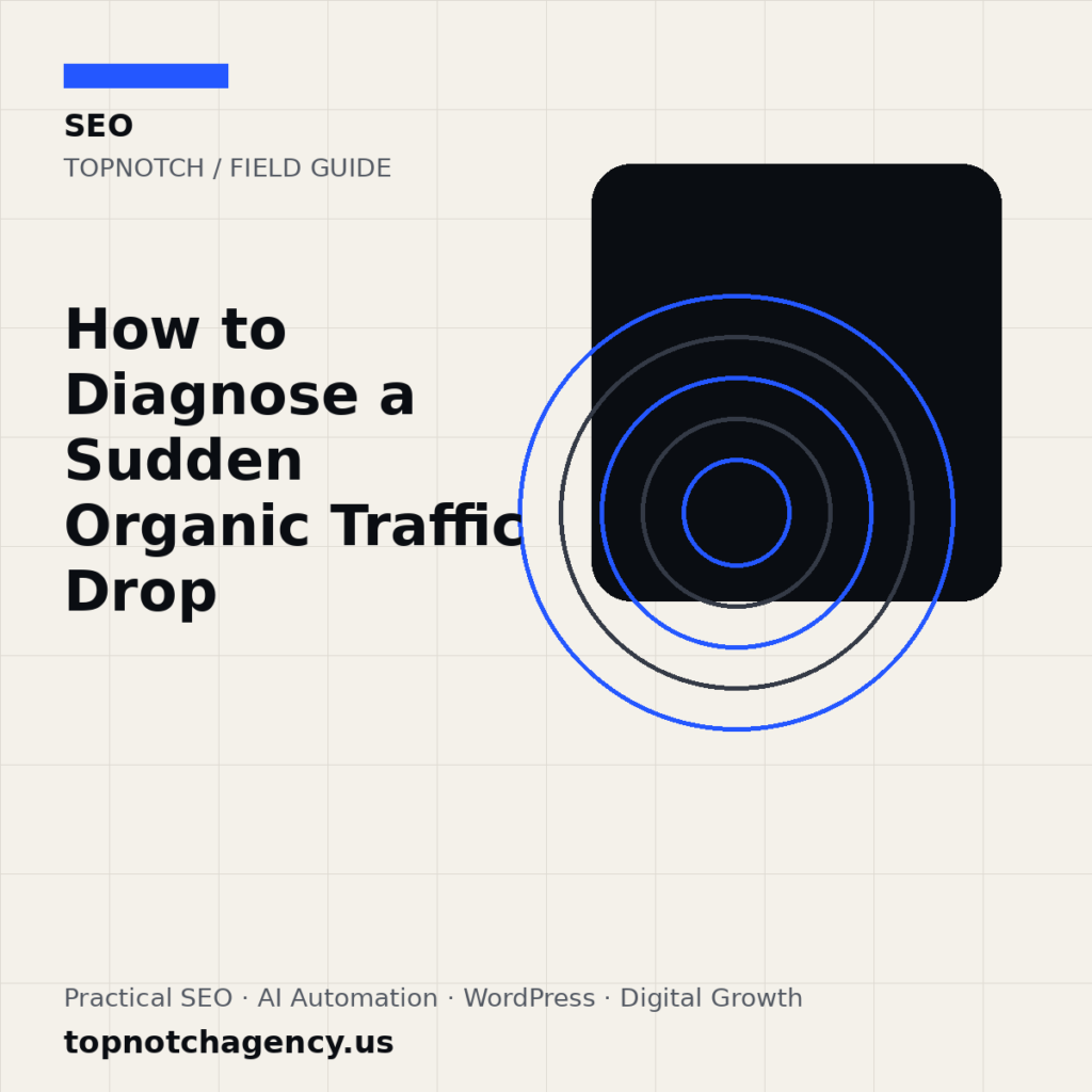 Branded TopNotch editorial graphic for How to Diagnose a Sudden Organic Traffic Drop.