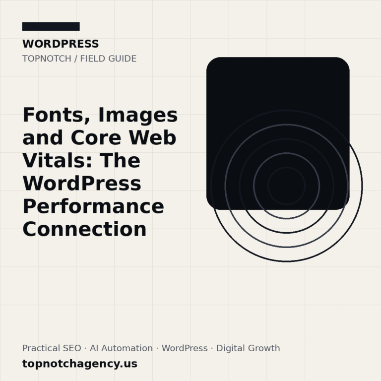 Branded TopNotch editorial graphic for Fonts, Images and Core Web Vitals: The WordPress Performance Connection.
