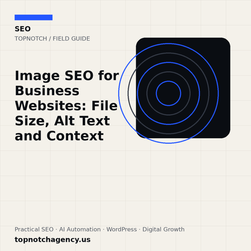 Branded TopNotch editorial graphic for Image SEO for Business Websites: File Size, Alt Text and Context.
