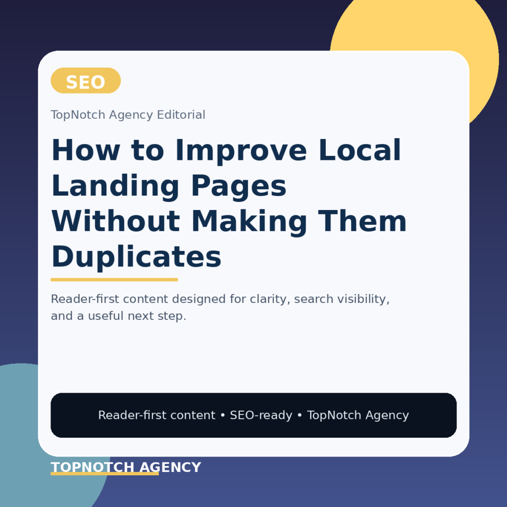 Branded TopNotch editorial graphic for How to Improve Local Landing Pages Without Making Them Duplicates.