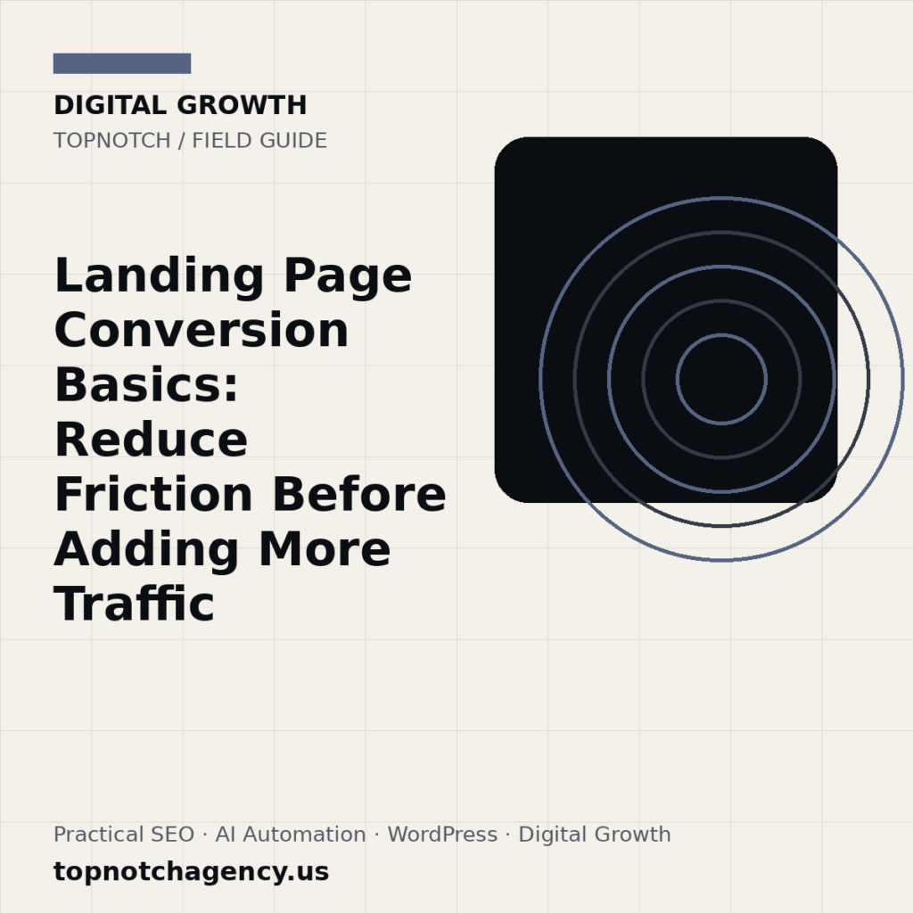 Branded TopNotch editorial graphic for Landing Page Conversion Basics: Reduce Friction Before Adding More Traffic.