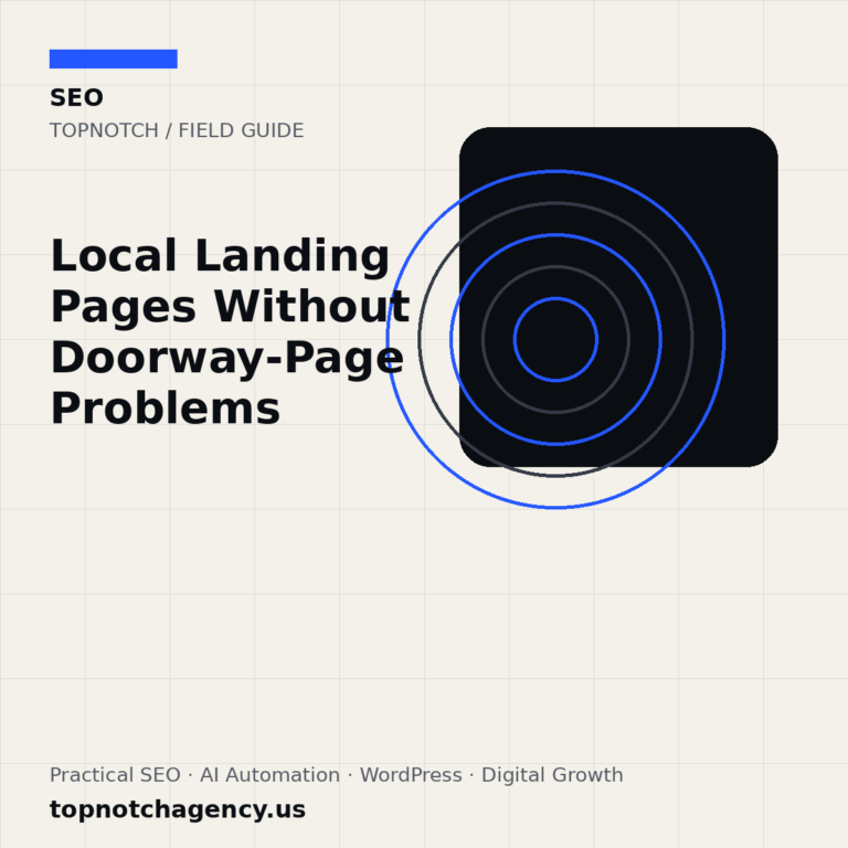 Branded TopNotch editorial graphic for Local Landing Pages Without Doorway-Page Problems.
