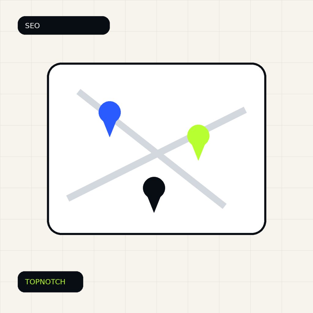 Abstract local search graphic with map pins, service areas and a verified business card.