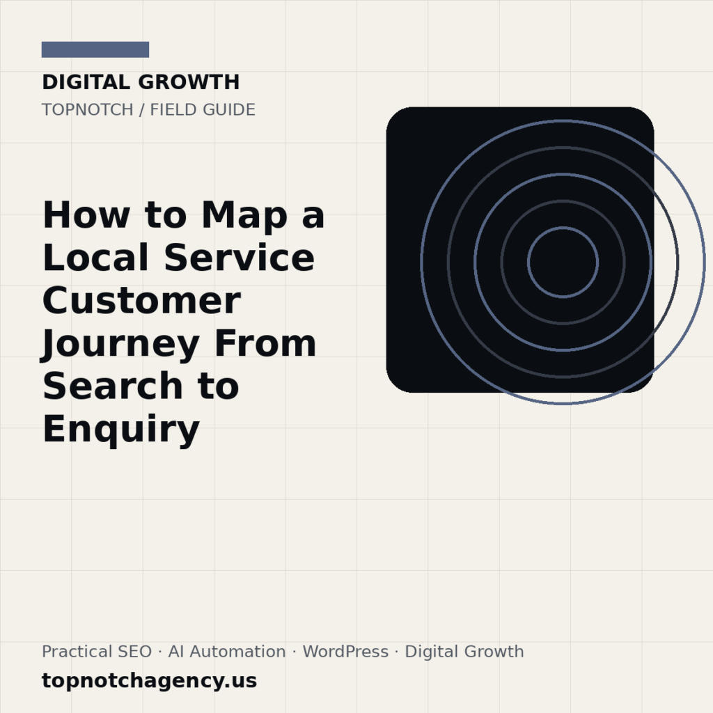 Branded TopNotch editorial graphic for How to Map a Local Service Customer Journey From Search to Enquiry.