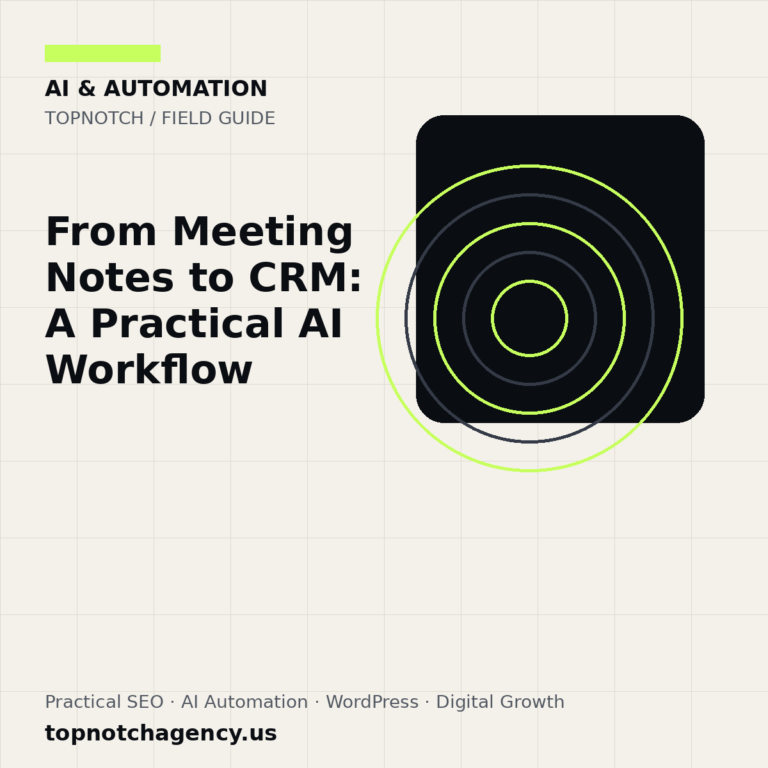 Branded TopNotch editorial graphic for From Meeting Notes to CRM: A Practical AI Workflow.