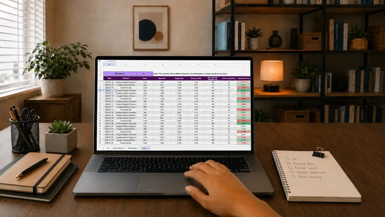 Spreadsheet on a laptop illustrating CSV XLSX and JSON keyword imports for content analysis