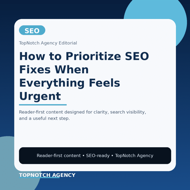Branded TopNotch editorial graphic for How to Prioritize SEO Fixes When Everything Feels Urgent.
