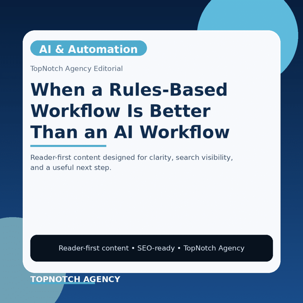 Branded TopNotch editorial graphic for When a Rules-Based Workflow Is Better Than an AI Workflow.