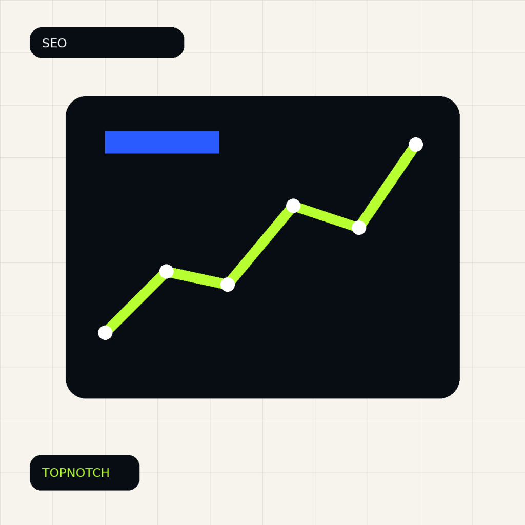 Abstract Search Console graphic with query rows, page cards, trend lines and an opportunity marker.
