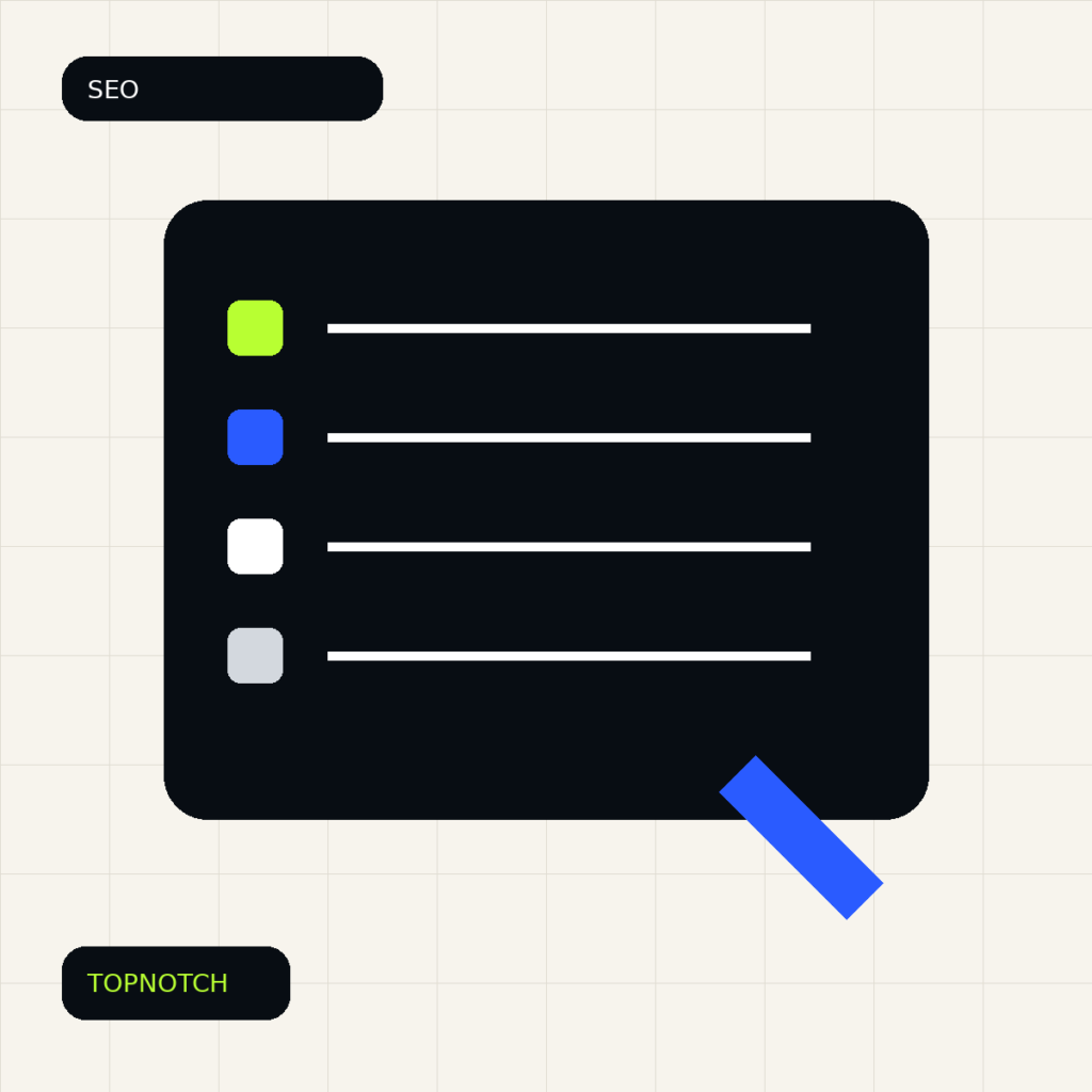 Abstract SEO audit graphic with a diagnostic checklist, search page blocks and a prioritized action path.