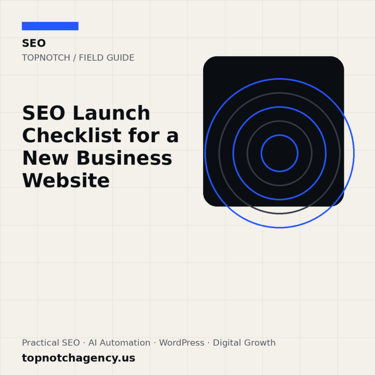 Branded TopNotch editorial graphic for SEO Launch Checklist for a New Business Website.