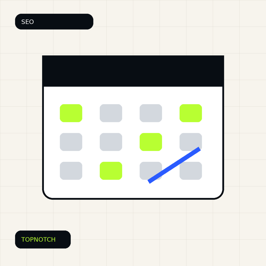 Abstract SEO maintenance graphic with a calendar, status checks and a search visibility trend line.