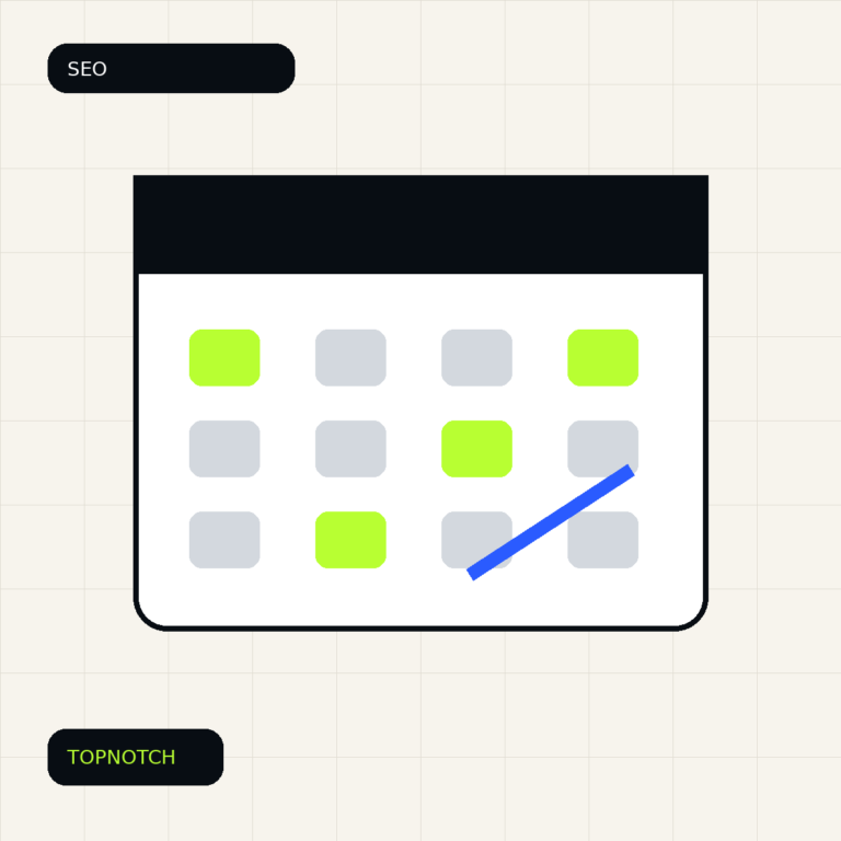 Abstract SEO maintenance graphic with a calendar, status checks and a search visibility trend line.