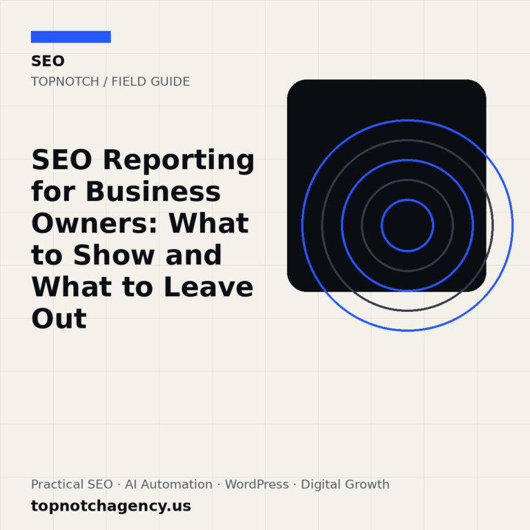 Branded TopNotch editorial graphic for SEO Reporting for Business Owners: What to Show and What to Leave Out.