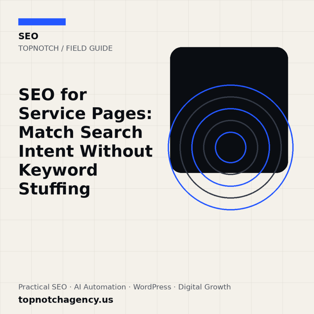 Branded TopNotch editorial graphic for SEO for Service Pages: Match Search Intent Without Keyword Stuffing.