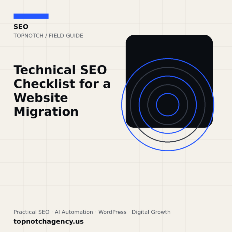 Branded TopNotch editorial graphic for Technical SEO Checklist for a Website Migration.