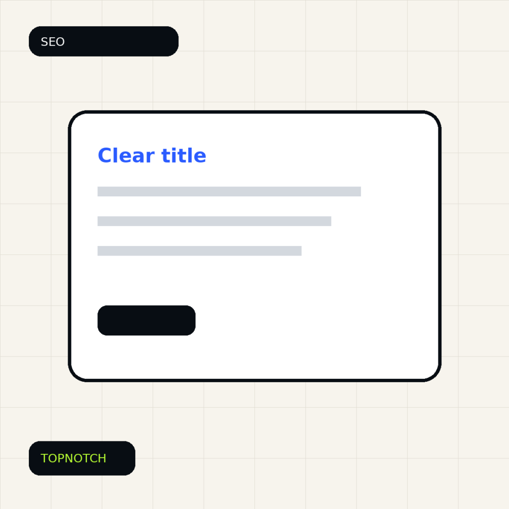 Abstract search-result graphic with a clean title line, description lines and a human cursor selecting the useful result.