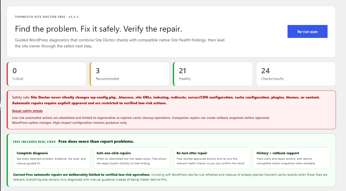 TopNotch Site Doctor Free dashboard showing critical, recommended and healthy WordPress checks