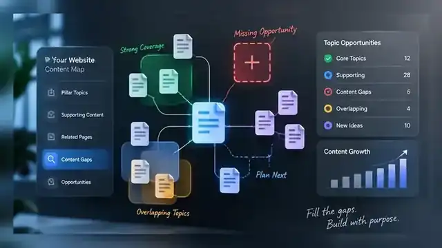 Diagram showing keyword research separated into update, new content and duplicate-risk decisions