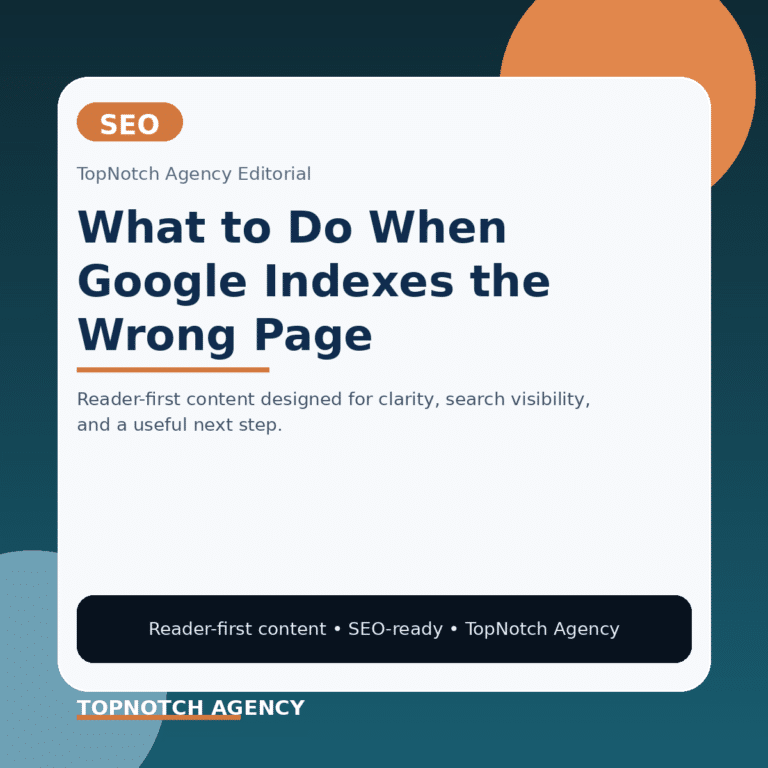 Branded TopNotch editorial graphic for What to Do When Google Indexes the Wrong Page.
