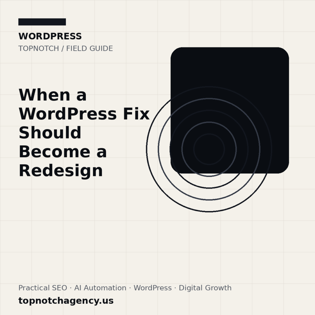 Branded TopNotch editorial graphic for When a WordPress Fix Should Become a Redesign.