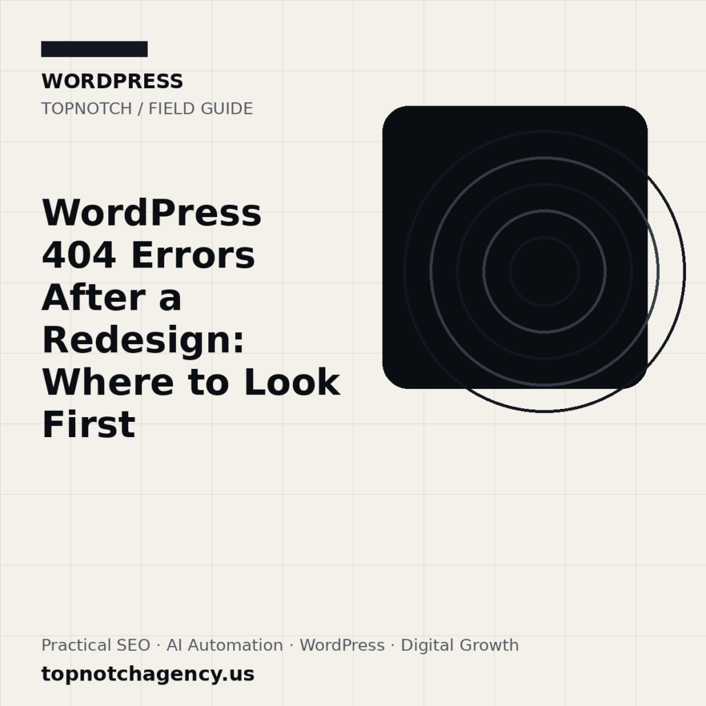Branded TopNotch editorial graphic for WordPress 404 Errors After a Redesign: Where to Look First.