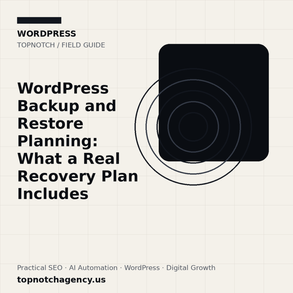 Branded TopNotch editorial graphic for WordPress Backup and Restore Planning: What a Real Recovery Plan Includes.