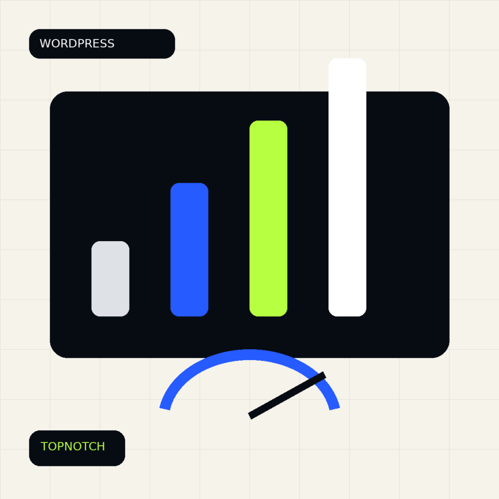 Abstract performance graphic with speed bars, browser panels and optimized image blocks.