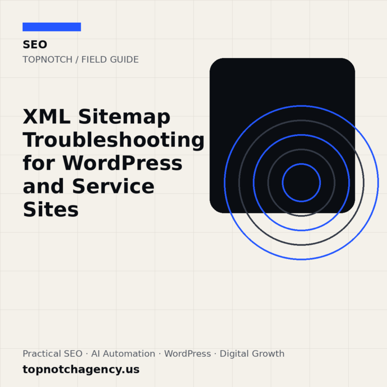 Branded TopNotch editorial graphic for XML Sitemap Troubleshooting for WordPress and Service Sites.